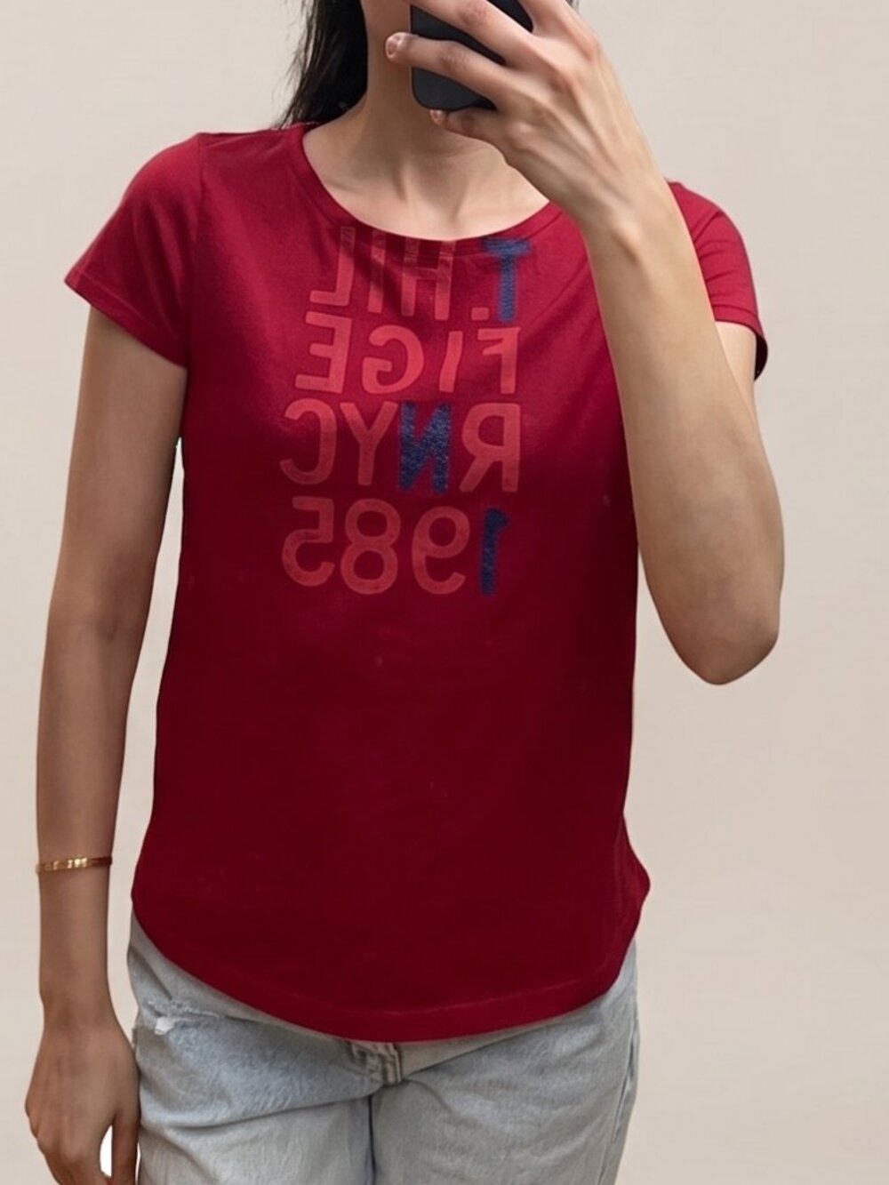 Tommy Hilfiger Red NYC 1985 Graphic Tee XS Casual Y2K Top